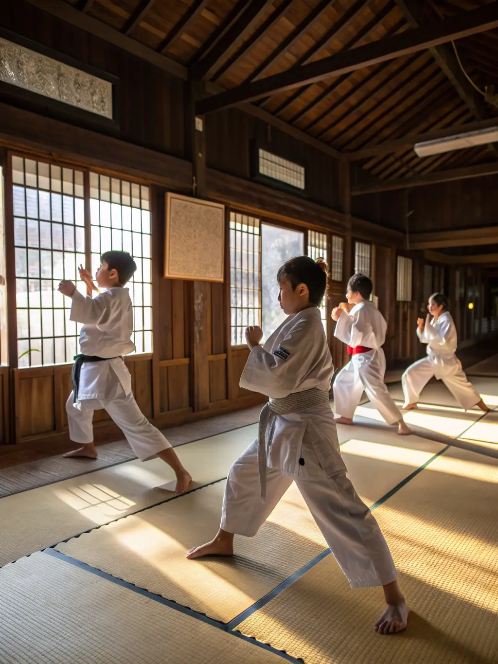 Image of children learning martial arts at AMICALE LAIQUE DE PLOUMILLIAU, focusing on discipline and self-defense techniques.