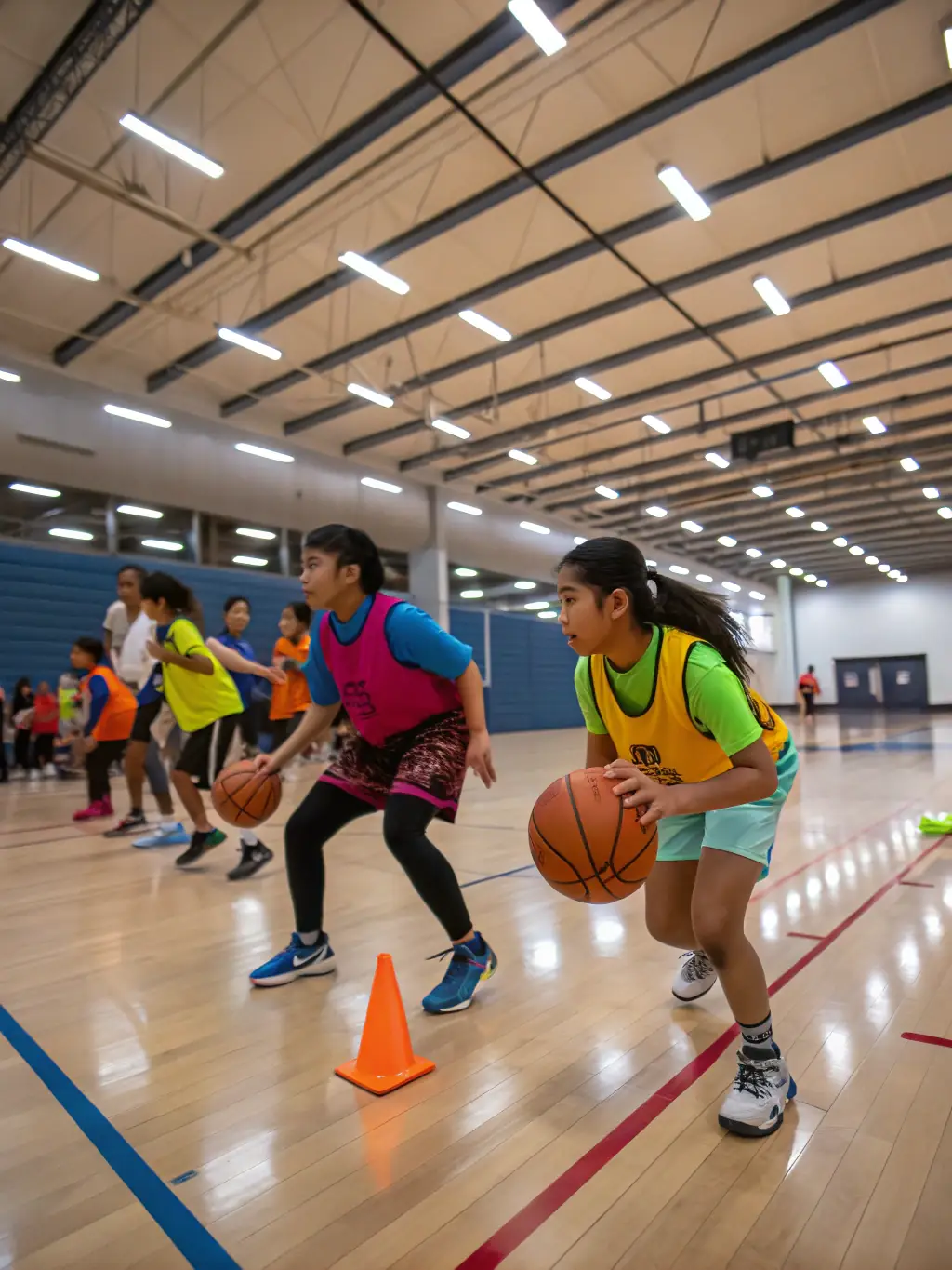 Action shot of children participating in a basketball training session at AMICALE LAIQUE DE PLOUMILLIAU, focusing on teamwork and skill development.