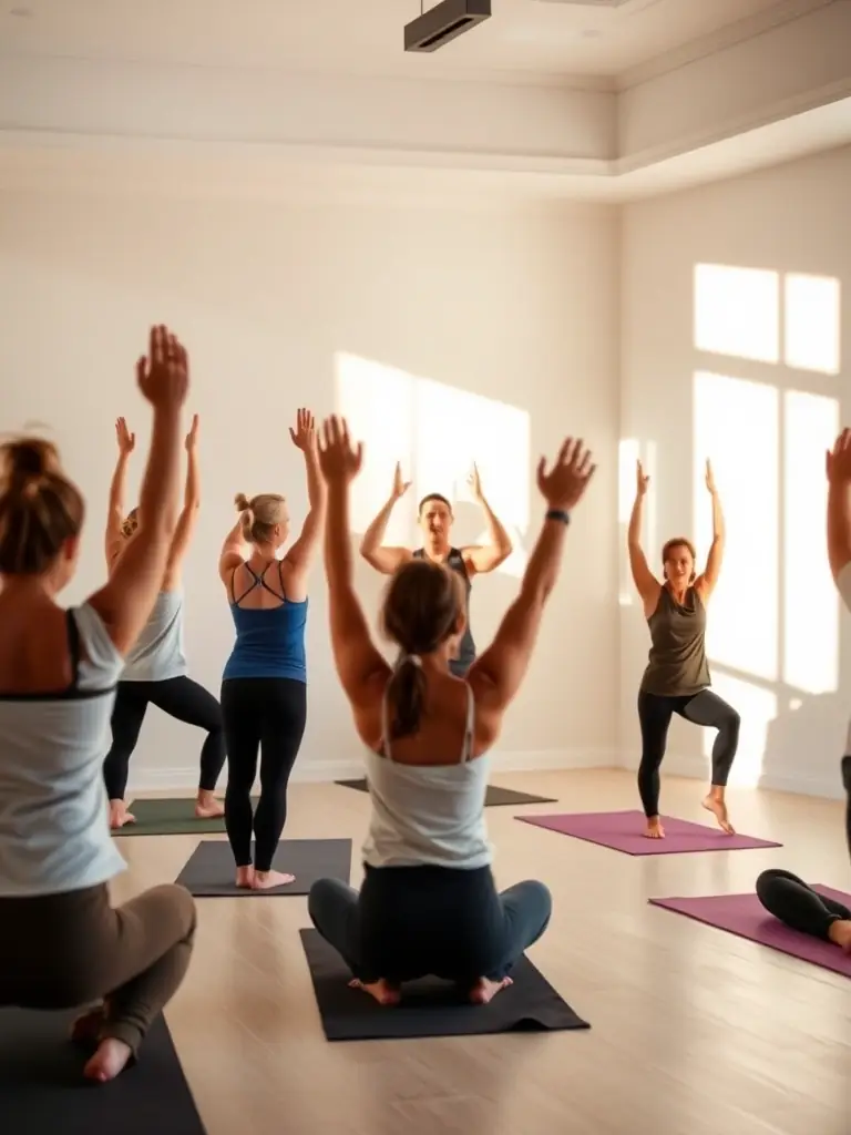 Image of adults practicing yoga in a well-lit studio at AMICALE LAIQUE DE PLOUMILLIAU, emphasizing flexibility and relaxation.